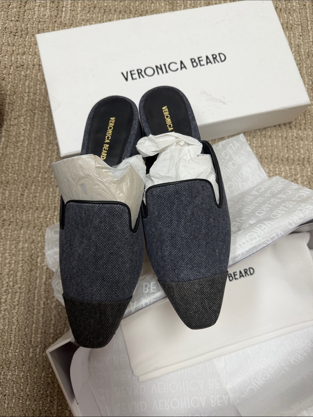 Veronica Beard Two-Tone Denim Slip-On Mules - Dark and Light Blue brand new